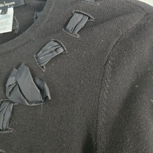 Nanette Lepore Black Covered Button Cropped Cardigan Sweater Silk Ribbon Size S - Picture 5 of 6